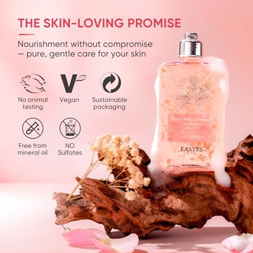 Rose Elixir Body Wash for Women, Moisturizing Essence Shower Gel with Triple Rose Formula, Hydrating Natural Cleanser, Gentle Foaming & Multi-Oil Nourishment, 7 oz