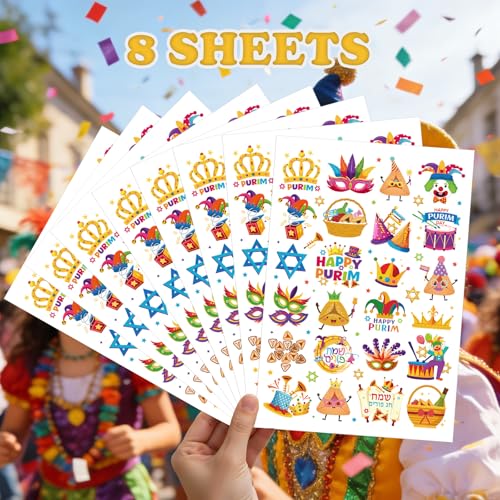 Purim Temporary Tattoo Stickers, 8 Sheets 200+ Designs