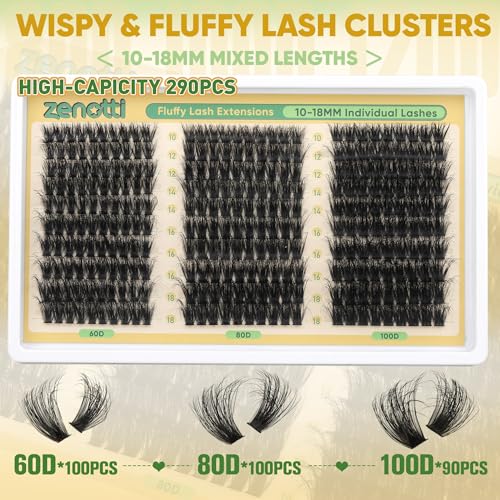 Zenotti Wispy Eyelash Clusters 60D 80D 100D Mixed Length 290PCS Natural & Voluminous