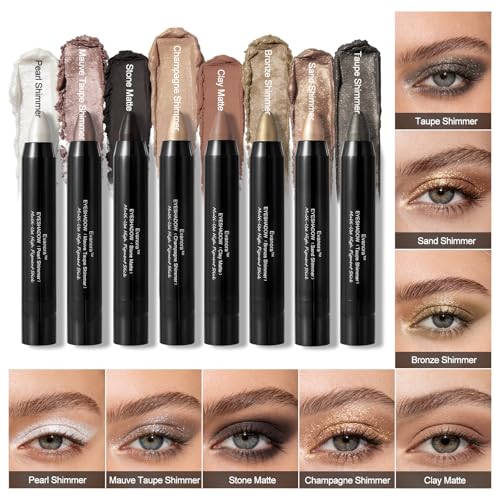 Evanora 8Color Eyeshadow Stick Set Matte Shimmer Eye Shadow Pencil Makeup Kit Silky Smooth, Waterproof, Transfer-Proof, All-Day Wear Matte & Shimmer Eye Makeup