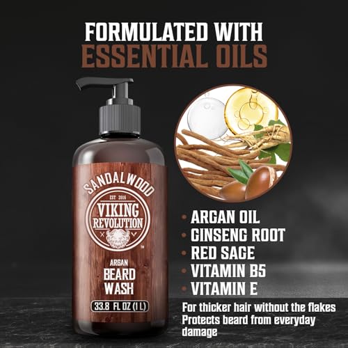 Viking Revolution Sandalwood Beard Wash for Men with Argan Oil - Beard Softener and Strengthener Beard Shampoo with Ginseng, Red Sage, Vitamin B5, Vitamin E - Sandalwood Beard Care (33.8 Fl oz)