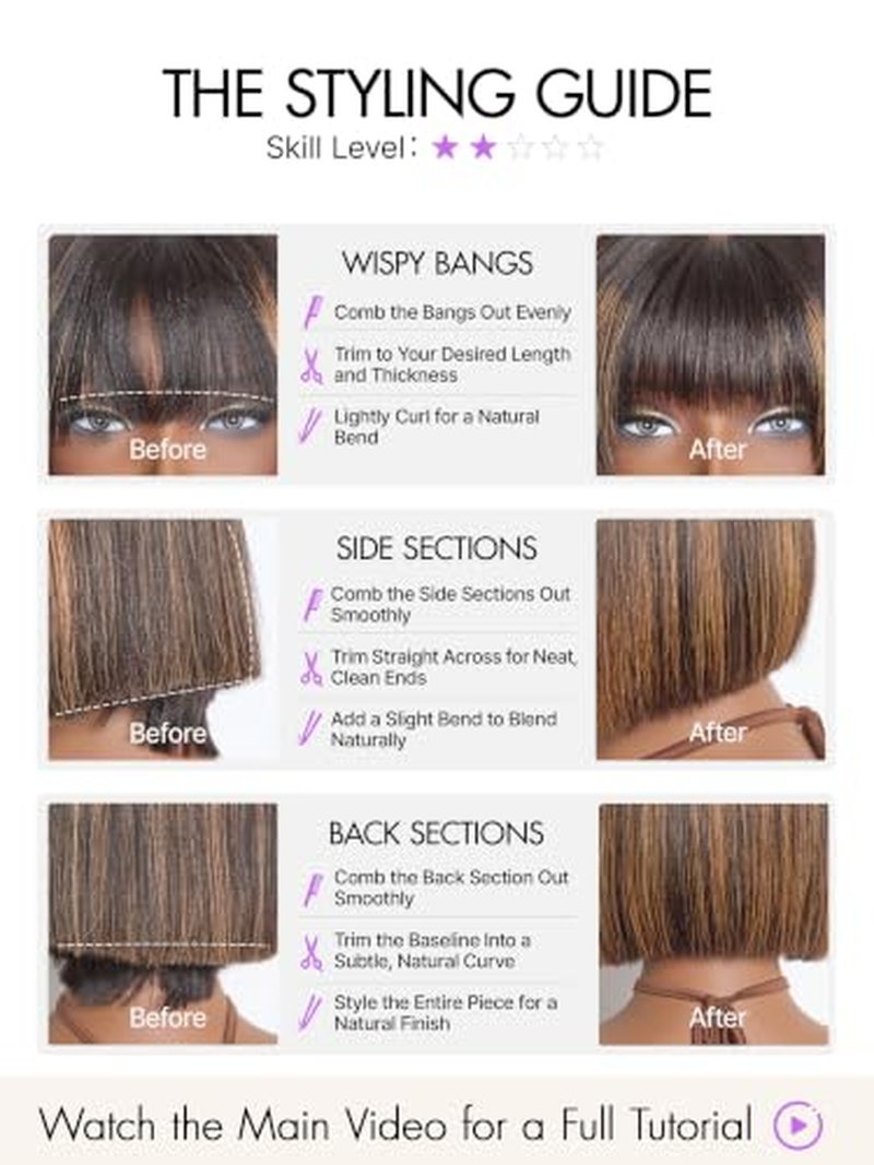 10 Inch Yaki Straight Bob Wig with Bangs & Brown Highlights
