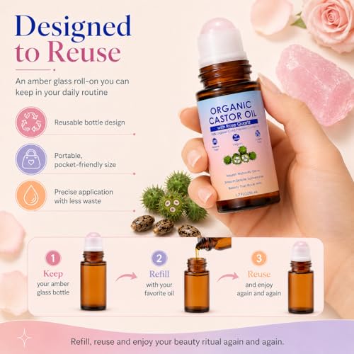 Organic Castor Oil with Rose Quartz Roller for Face & Eye Care – 1.7 Fl Oz