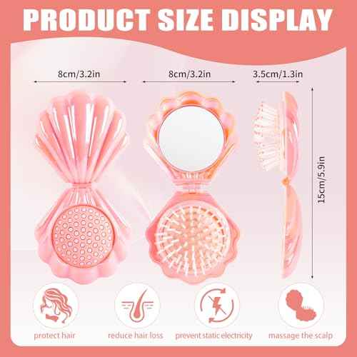 Iridescent Shell Folding Hair Brush with Mirror, Compact Travel Size Mermaid Hair Brush for Purse, Portable Brush Mini Pocket Mirror Massage Comb for Women (PINK)