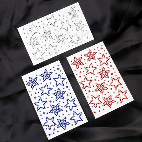 4th of July Self Adhesive Face Gems for Makeup, Red Blue Clear Festival Jewels, Hair Gems, Patriotic Star Rhinestone Stickers for Face, Eye, Makeup, Body (redwhiteblue_6pcs)