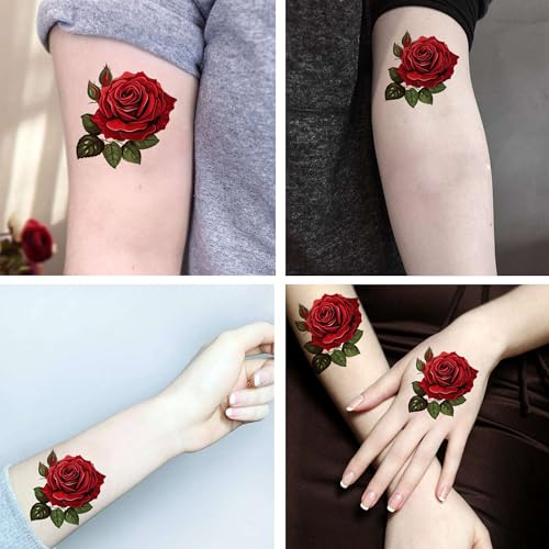 6 Pcs Temporary Tattoos Red Rose Leaves Fake Tattoos for Adult Real Tattoo