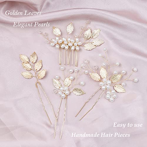 Gold Leaf Pearl Bridal Hair Pins Set - 4 Pieces