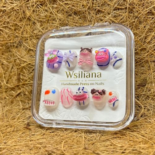 Wsiliana Nails Handmade Press on Nail Solid Short Square Fake Nail Tips Cute 3D Cartoon Design Glue on Nail Art 10 Pcs with Storage Box(027 L)