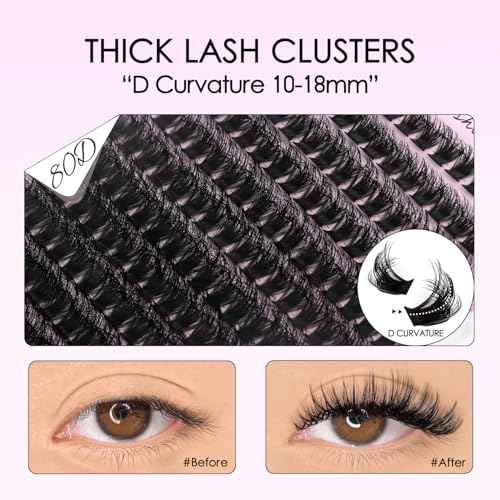 Lash Clusters Kit 80D Lash Clusters Kit 10-18mm Volume Eyelash Clusters D Curvature Cluster Eyelash Extensions 3D Wispy Lashes Clusters DIY Lash Extension Kit(80D-10-18MIX Thick Kit)