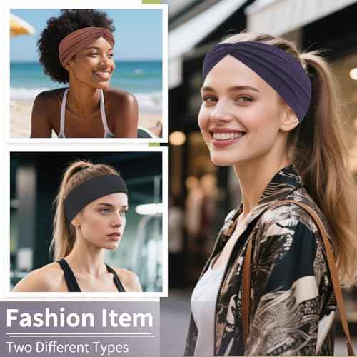 12 Pcs Stretchy Headbands for Women, Absorbed Sport Headband Soft Twist Knotted Hairbands for Daily Life Yoga Workout(Black/Dark blue/Brown/Grey)