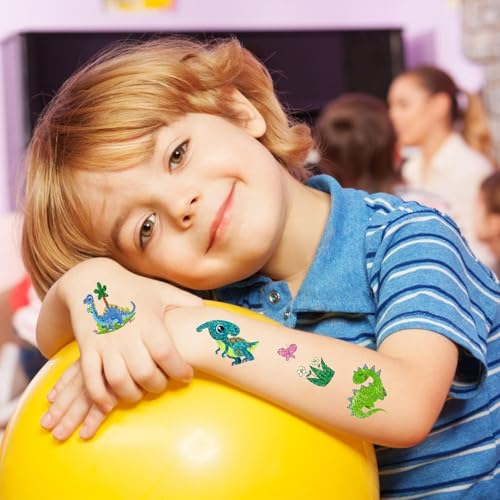 Partywind 120 Glitter Styles Dinosaur Tattoos for Kids Party Supplies, Dinosaur Birthday Party Favors Decorations, Fake Tattoo Stickers for Boys and Girls (12 Sheets)
