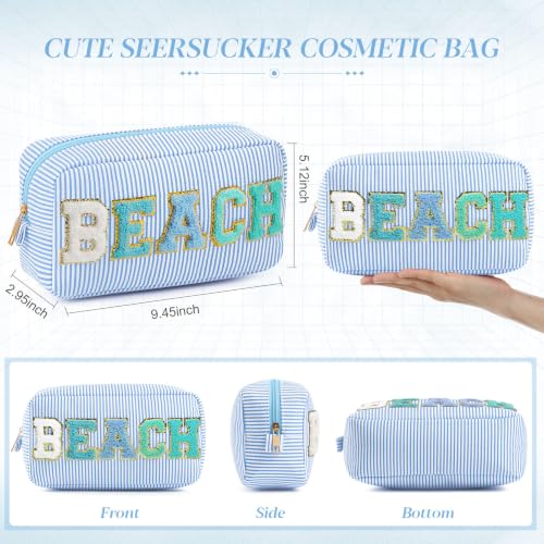Sanwuta 6 Pack Seersucker Beach Makeup Bags with Chenille Letters