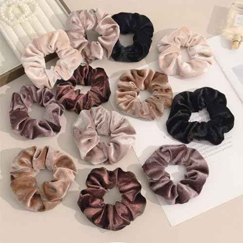 Scrunchies for Women, 12 Pcs Neutral Brown Tones Velvet Scrunchies - Classic Thick Elastic Hair Ties for a Soft Ponytail