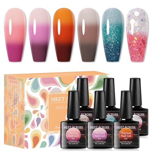 MEET ACROSS Color Changing Gel Nail Polish Set, 6 PCS Glitter Mood Temperature Change Gel Polish, Thermal Nail Gel Soak Off Long Lasting Manicure Color Changed Kit