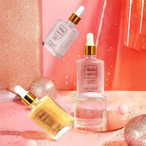 Hydrating Shimmer Body Oil, Golden Yellow Liquid Luminizer Body Glitter Long Lasting, Body Highlighter Shimmer Makeup, Face Body Glow Shimmer for Women, Non-Sticky Shine Glitter Liquid