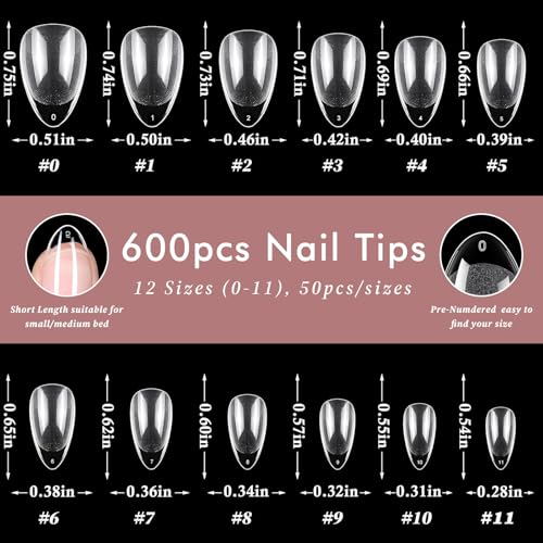 AddFavor Short Almond Nail Tips, 600pcs Soft Gel x Nail Tips Short Almond Gel Nails Clear Nail Tips Full Cover Acrylic Nail Tips for Nail Extension, Press on Nails Making