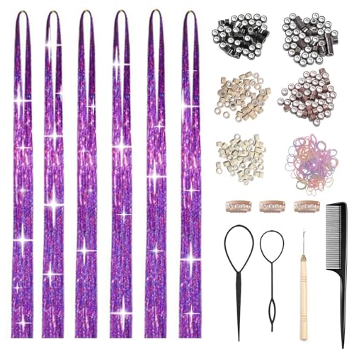 Glitter Hair Tinsel Extensions 1800 Strands 48 Inch Purple
