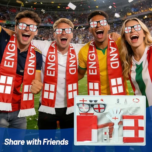 England Soccer Fan Gear Set - 6-Piece Supporter Kit with Flag, Scarf, Face Paint, Glasses, Bracelet & Clapper