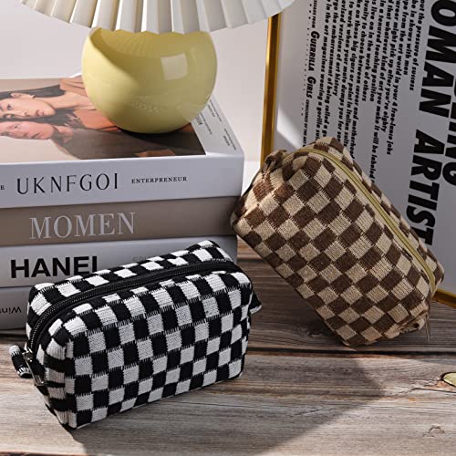 2 Pack Makeup Bag Organizer, Black Brown Checkered Cosmetic Pouch