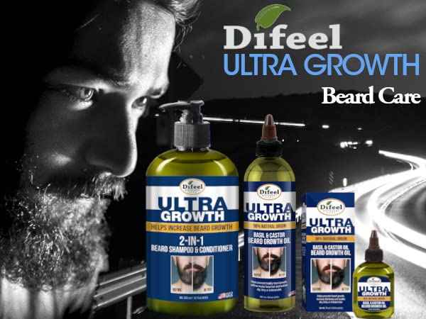 Difeel Men's Ultra Growth Beard Care 3-PC Gift Set for Men - Includes 2-in-1 Beard Shampoo & Conditioner 12oz, Beard Growth Oil 8oz, and Bonus Travel Size Beard Oil