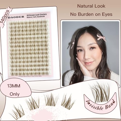 DAODER Brown Lash Clusters Natural Clear Band Brown Eyelash Clusters with Spikes 13mm Short Individual Lashes C Curl Wispy Cluster Eyelash Extensions DIY Lash Extensions for Doll Eyes Look 140pcs