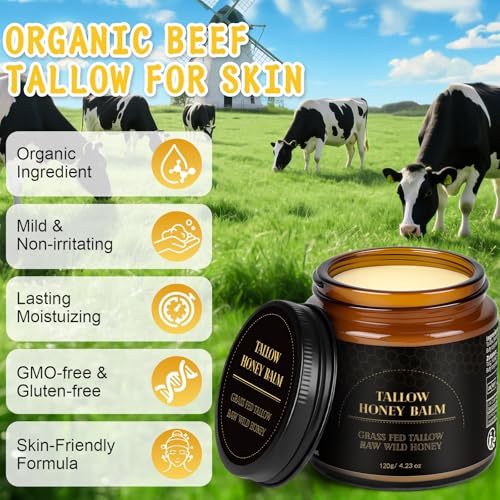 IIIMEIDU Beef Tallow for Skin, Tallow and Honey Balm for Face Moisturizer Balm, 100% Natural Organic Grass-Fed Beef, Honey, Vitamin E Oil for Body & Face (4.2 Oz, honey/balm)