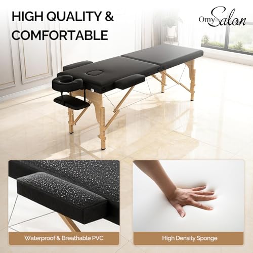 OmySalon Portable Massage Table 84x24 Black, 2-Fold, Adjustable Height & Carrying Bag