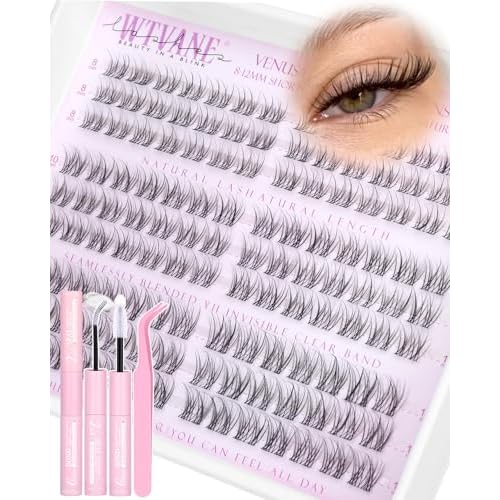 Natural Lash Clusters Kit Wispy Eyelash Clusters Short 8-10-12mm Lash Extensions Kit Invisible Band Lashes Clusters Kit C-Curl Individual Lashes Short Cluster Eyelash Extensions for Glasses