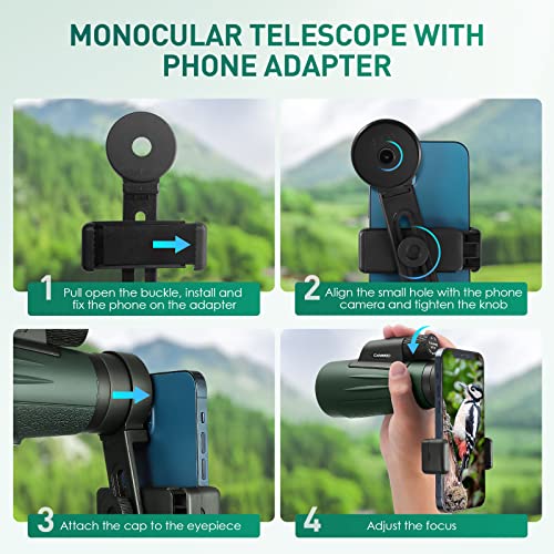 12x50 Monocular Telescope for Adults High Powered, Low Light Larger Vision BAK4 Prism & SMC Lens, Frog & Waterproof Hiking Hunting Gear Gifts for Men, Black