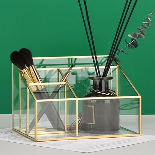Alipis Glass Makeup Organizer with Gold Trim, Multi-Functional Cosmetic Storage Case for Vanity, Lipstick, Jewelry, Makeup Brush, Eyeliner Holder, 7.67 X 5.70 X 5.11 Inches