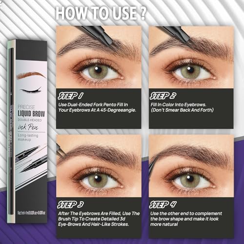 Pinkiou Eyebrow Pen,Microblading Eyebrow Pen,2-In-1 Waterproof Eyebrow Pen,Dual-Ended Eyebrow Pen with 2-Fork-Tips and Precision Brush,Eyebrow Pen for Natural Hair-Like Brows,Long Lasting,Dark Brown