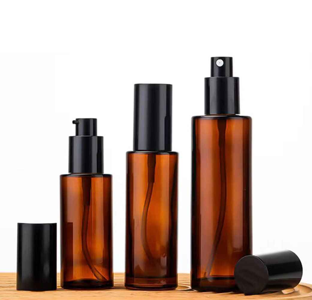 Ericotry 2 PCS 120ml/4oz Amber Glass Travel Bottles with Black Pump - Leakproof Lotion Dispenser for Essential Oil, Cream, Shampoo