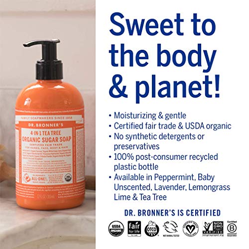 Dr. Bronner's Organic Sugar Soap 4-Pack - Lavender, Peppermint, Tea Tree & Lemongrass, 12 Fl Oz Each