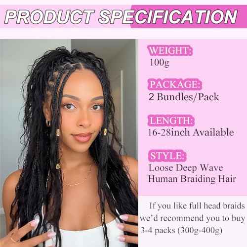 Human Braiding Hair 2 Bundles 100g 24 Inch Deep Wave Bulk 100% Human Hair for Braiding No Weft 12A Brazilian Virgin Human Hair Extensions for Boho Braids Natural Black