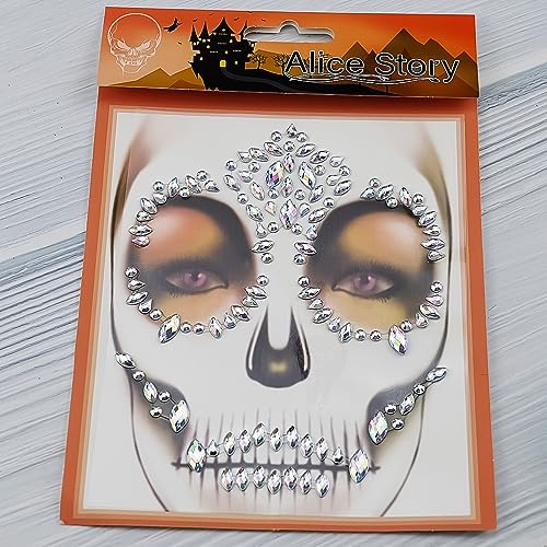 3Pack Sugar Skull Face Gems Jewels Day of the Dead Face Temporary Tattoo Glitter Rhinestone Stickers for Makeup Skeleton Face Gems for Halloween Party Festival Accessory and Nail Art Decorations