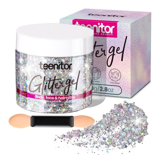 Teenitor Silver Body Glitter Gel - Long-Lasting Face & Hair