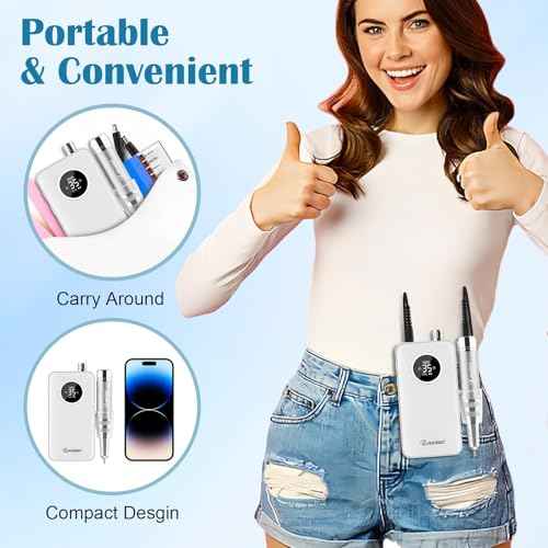 Nail Drill Professional 35000RPM, Cordless Electric Nail File Drills para U?as, Portable Rechargeable E File 7 Bits Manicure Pedicure Kit for Acrylic Nails Gel Remover Salon Home Tools, White
