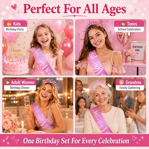 Pink Glitter Birthday Sash and Tiara Set for Women