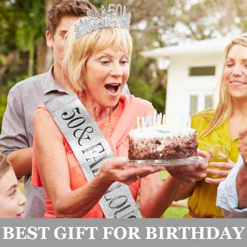 TOBATOBA 50th Birthday Decorations - 50 & Fabulous Birthday Crown & Sash Set, Silver 50th Birthday Gifts for Her