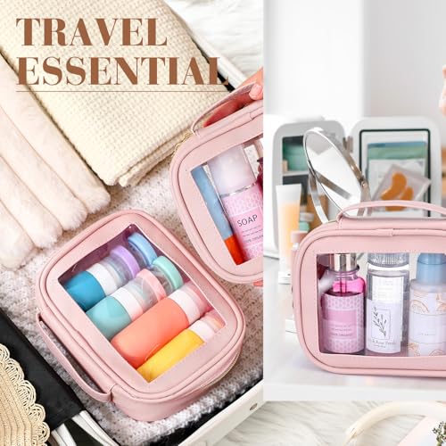Kigeli 4 Pcs Clear Makeup Bags for Car Essential, Waterproof Clear Travel Toiletry Organizer Leather Makeup Bags with Handle Zipper, Small Cosmetic Pouch Set for Women Car Gift(Pink)