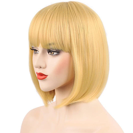 Blonde Wig with Bangs - 12 Inch Bob Wigs for Women, Natural Look Short Wigs with Bangs, Super Soft and Easy to Wear Straight Bob Wig, Colorful Synthetic Wig for Daily Life, Parties(Honey Blonde)