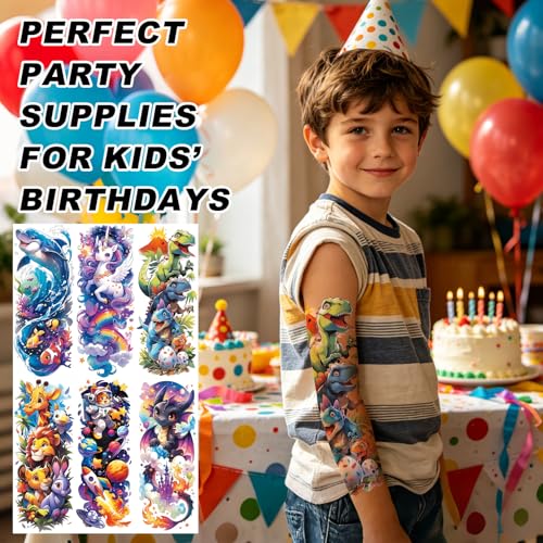 Kids Temporary Tattoo Sleeves, 12 Pc Dinosaur & Cartoon Set