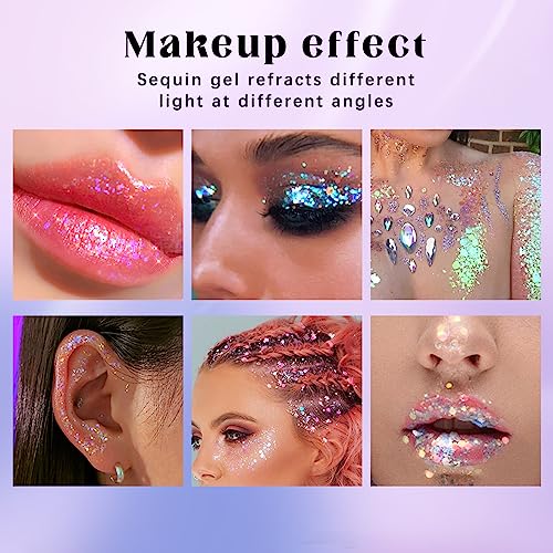 2 Colors Roll-on Body Glitter Gel, Holographic Glitter Gel Under Light for Face Hair, Body Shimmer for Rave Accessories Christmas New Year Halloween Makeup (Golden Ocean+Neon Violet)