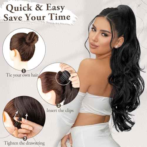 AISI BEAUTY Ponytail Extension 26 Inch Drawstring Ponytail Extension for Women Synthetic Long Black Wavy Layered Pony Tails Hair Extensions Clip in hairpieces fow Women