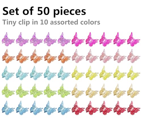 Glitter Butterfly Hair Clips - 50 Pack, 10 Colors, Mini Claw Clips
