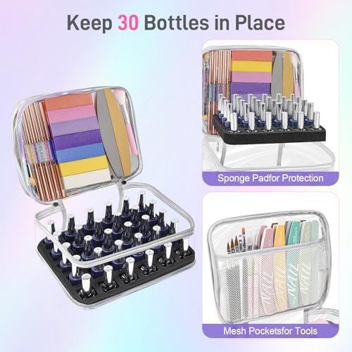 Beloving Nail Polish Organizer, Clear Double Tier Nail Storage Organizer Case Holds 30 Bottles, Portable PVC Nail Tech Bag with Dividers, Nail Polish Supplies Travel Case for Display