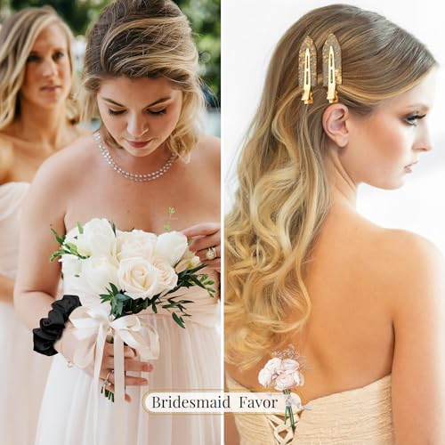 Bridesmaid Hair Clips & Silk Scrunchies Gift Set – 12 Pcs, Rose Gold Text