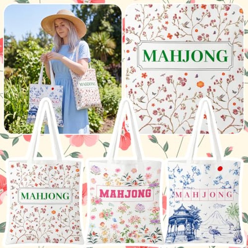 3 Pcs Mahjong Canvas Tote Bags for Women - Floral Designs