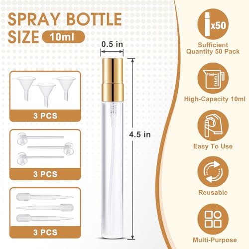 Mini Glass Spray Bottle 50pcs 10ml Clear Spray Bottle Empty, Fine Mist Refillable Mini Perfume Spray Bottle, Perfume Atomizer, Travel Spray Bottle For Hair, Small Empty Sample Containers Portable