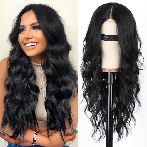 Black Long Wavy Wig with Lace Hairline - 26 Inch
